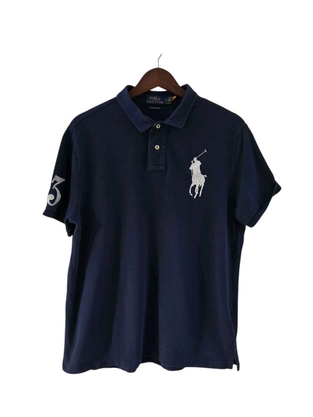Polo Ralph Lauren Navy Blue custom Slim Fit Big Pony Mesh Shirt 3 Mens Size L
